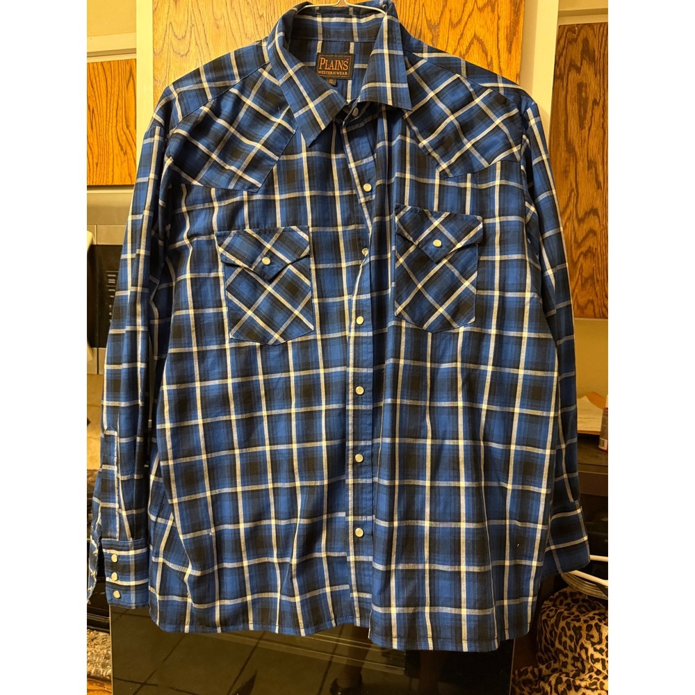 Plains Western Wear Blue Black White Plaid Long Sleeve Snap‎ Front Shirt Mens XL